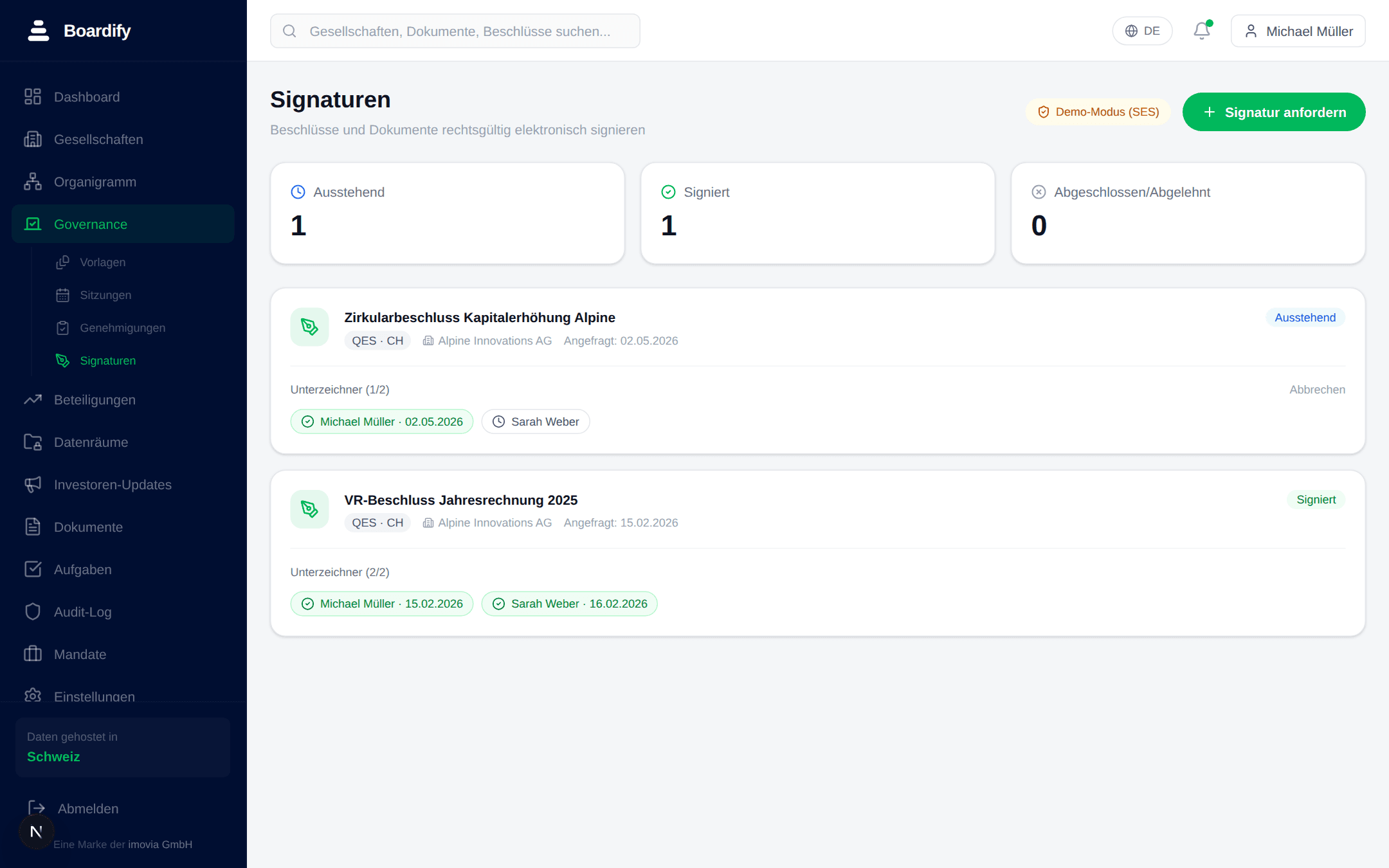 Signaturanfragen mit Status in Boardify